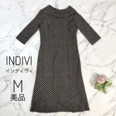 ⁠【美品】INDIVI インディヴィ 幾何学柄 ロールカラー ワンピース 38⁠