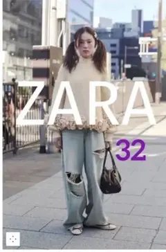ZARA TRF ミッドライズ折り返しウエストデニムパンツ 32