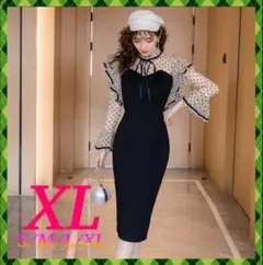 XL 黒 ドット柄シースルー袖ワンピース