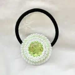 ヘアゴム　グリーン　ビーズ刺繍