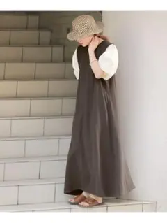 Bab 袖異素材スウェットワンピース ダークブラウン ロングワンピース