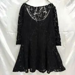 ノーブランド 花柄 ミニワンピース Uネック 七分袖 M 黒 パーティー