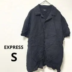 EXPRESS 半袖シャツ　ブラック【S】襟付き　オープンカラー　リネン混　黒のサムネイル