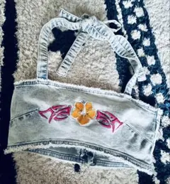 CLUBEXX⚫︎海外⚫︎刺繍⚫︎ビスチェ⚫︎ハイビスカス⚫︎デニム⚫︎S⚫︎ジッパー