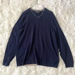 エディーバウアー　リネン混コットンVネックシンプルニットL　ネイビー　◆A145