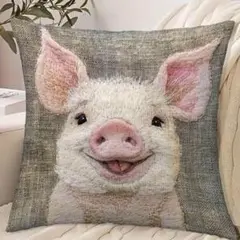 新品 クッションカバー 刺繍風 両面プリント ブタ 動物 リアル かわいい 笑顔