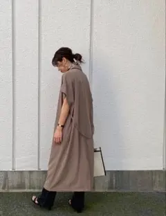 ベージュ ロング丈 ベスト ウエストリボン付き ジレ レイヤード トレンチ