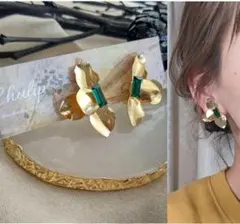 1084-c＊メタルゴールド グリーン ビジュー ニュアンス フラワー