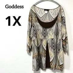 Goddess 【1X】幾何学模様 五分袖チュニック ブラウン系カラー