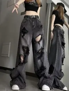 ブラック ダメージ加工 ワイドレッグデニムパンツ Asian S