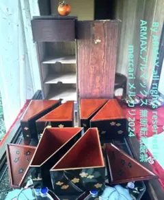 お引越し特価‼️2213様感謝‼️総欅JAPAN蒔絵梅六点大名道具絵替組子野弁当三対