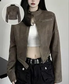 SHEIN ブラウン スタッズ付き クロップドジャケットのサムネイル
