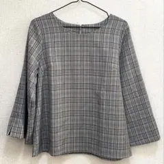 グレー系・チェック・長袖シャツ・dreskip・ワールド・袖丈調整・ブラウス