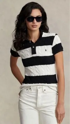 ポロラルフローレン コットンボーダー ケーブルニットポロシャツ Sサイズ