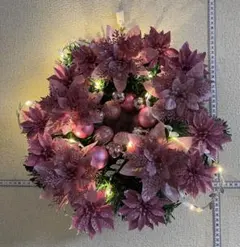 クリスマスリース　ポインセチア　オーナメントボール　LEDライト　ピンク