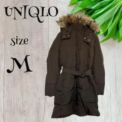 UNIQLOユニクロ　フード付ダウンロングコート【M】ブラウン　腰ベルトのサムネイル