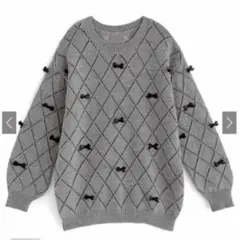 透かしダイヤ柄リボンニットトップス[tu1002]　グレー　未着用品　Fサイズ