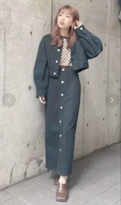 MURUA ダークグリーン デニムジャケット・ロングスカート　セットアップ