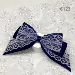 6123 ハンドメイドヘアゴム たらりんリボン サテン×レース ネイビー