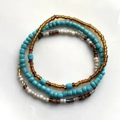 ネイティブ ハンドメイド ビーズブレスレット クリアブラウン×ブルー 3点セット