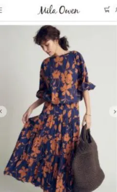Mila Owen ネイビー・オレンジ花柄シャツワンピース
