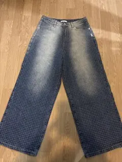 チェック柄デニムワイドパンツ