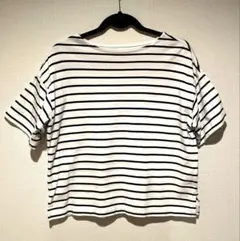 無印良品　白/紺 ボーダー Tシャツ 半袖 ボートネック カットソー ネイビー