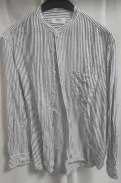 ユニクロ　ネイビーストライプシャツ　長袖　スタンドカラー　麻100% S