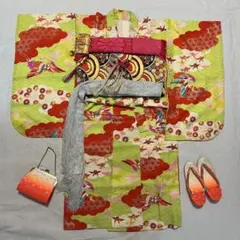 七五三　7歳　黄緑　アンティーク　着物セット