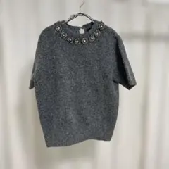 ZARAグレー ビジュー付き半袖ニット Sサイズ