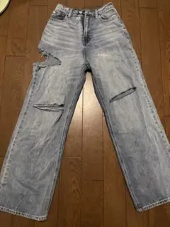 ダメージ加工 ライトブルー ワイドレッグデニム M