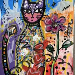 カラフルな猫の絵画 「花が好きな猫」上質紙 A4 抽象画 マーカーPOP