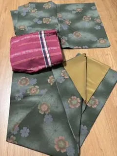 限定価格‼️ 洗える着物 緑色花柄小紋着物と帯セット