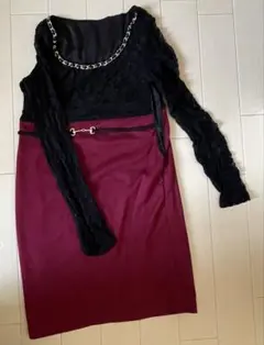 黒レースワインレッドドレス L