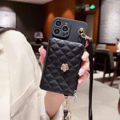 iPhone 14/16用ケース　ショルダーストラップ付　小物入れ付　ブラックのサムネイル