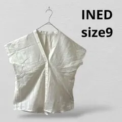 INEDイネド　レディースストライプ 半袖ブラウス　9号　ホワイト