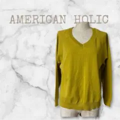 アメリカンホリック Vネックニット L レモンイエロー 洗える 綿混