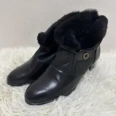 上品ファー付き ショートブーツ 黒 EE レザーブーツ フォーマル 通勤