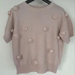 GRL花モチーフ付きピンク半袖ニット