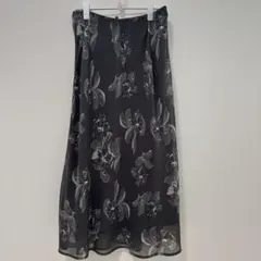 【美品】ローラアシュレイ 花柄 ロングスカート 11号 L ブラック シフォン風