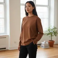 ユニクロ ブラウン 長袖 Tシャツ コットン混合