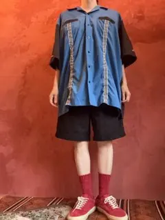 ヒルトン ボウリングシャツ XL ブルー 黒 ラメ切替 刺繍 ゆるだぼ古着のサムネイル