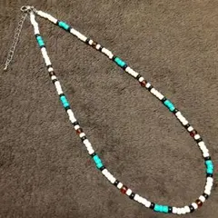 フ*オ様 オフホワイト ターコイズ ブラウン ビーズネックレス 45cm−50c