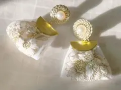 インド刺繍 リボン タッセル パール カボション クラシカル ホワイト ピアス