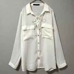 ◉VICKY　長袖シアーブラウス　ボタンアップ　リボンタイ　白　２　Mのサムネイル
