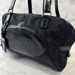 PRADA プラダ ビッグロゴ ナイロン×本革 レザー ハンドバッグ 黒ブラック
