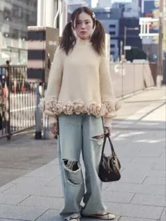 ZARA TRF ミッドライズ折り返しウエストデニムパンツ 32