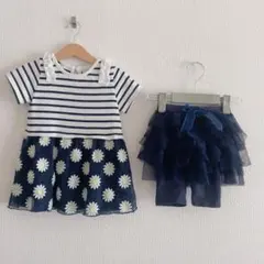 女の子　ワンピース　90 80　チュール　チュールスカート　ネイビー　フリル