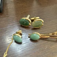 グリーンストーン カフスボタン ネクタイピン 4点セット