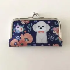がま口印鑑ケース♡小物ケース　白トイプードル　花柄　ネイビー